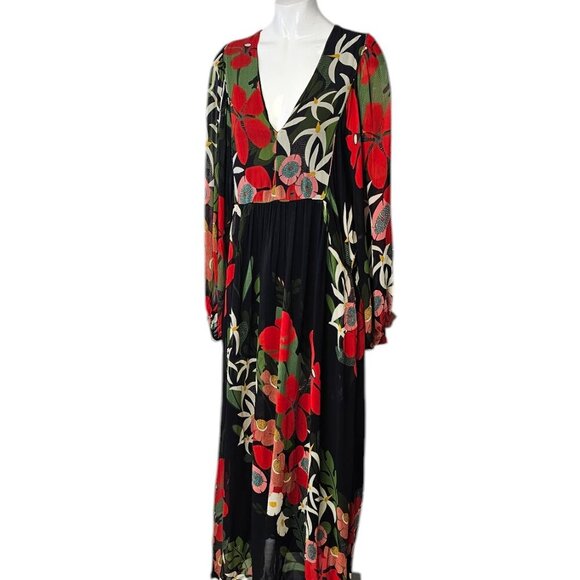 Farm Rio x Anthropologie Long-Sleeve V-Neck Floral Maxi Dress Size Medium, NWT - Picture 11 of 11
